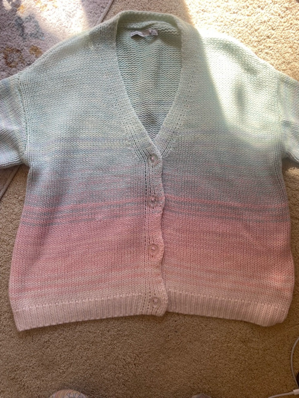 Black Tape_ Pastel Gradient V-Neck Cardigan in Pink & Mint